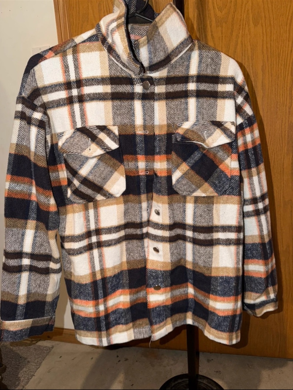 Women's Plaid Button-Up Fleece Shirt Jacket - Navy, Brown & Cream